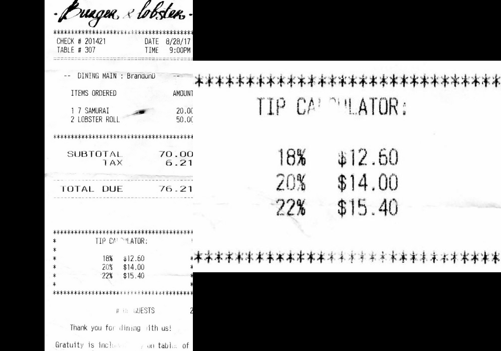 Tip gratuity 1 le reçu