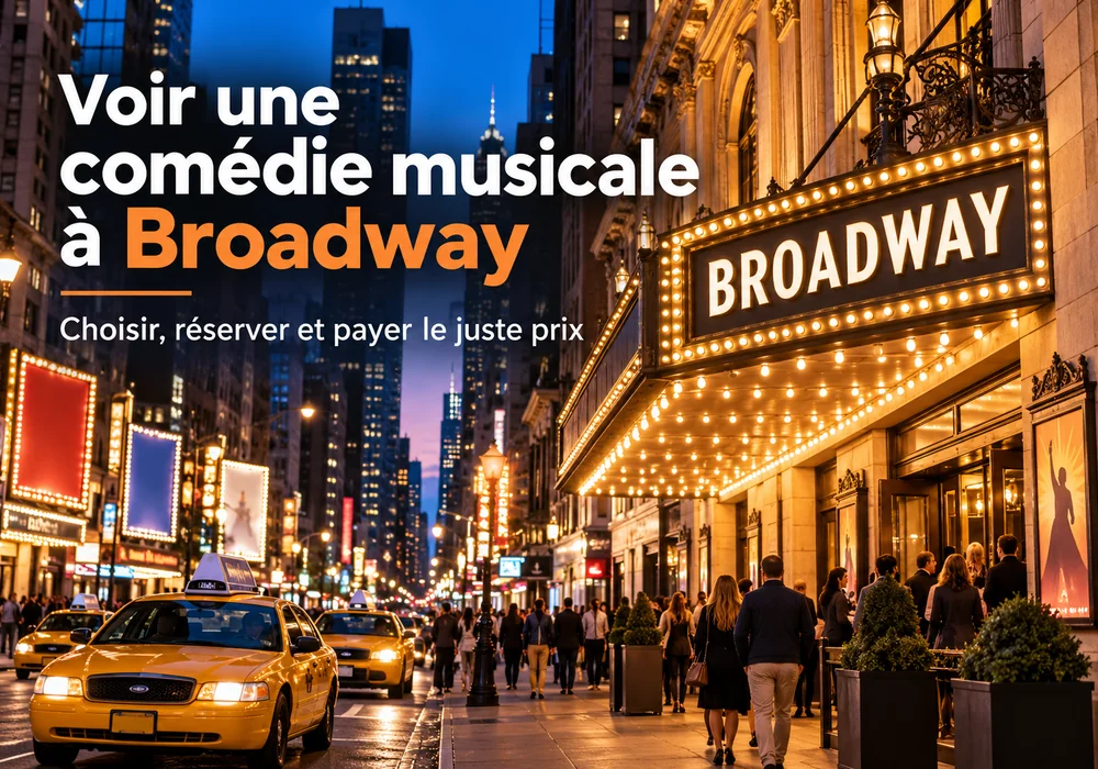 Quartier des théâtres de Broadway à New York, illuminé en soirée, avec des taxis jaunes et des spectateurs devant une salle de spectacle.